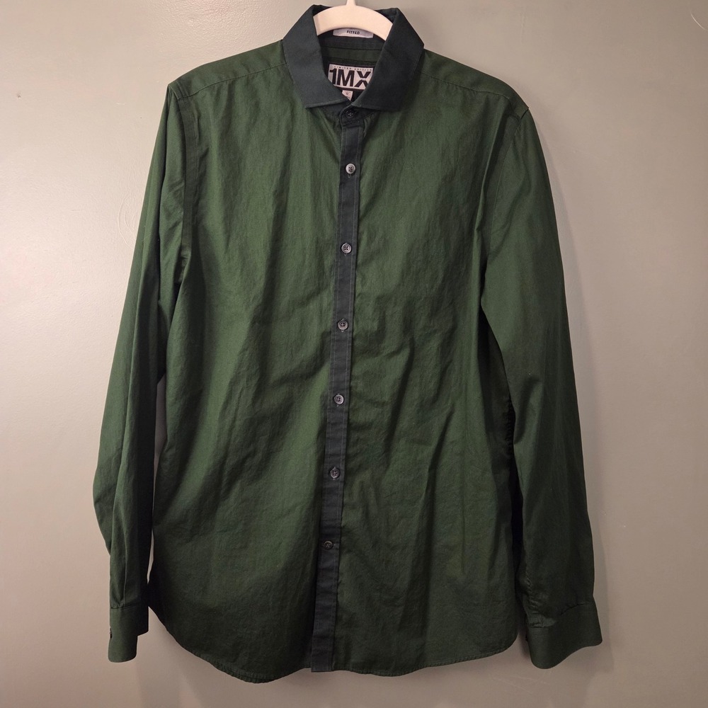 Express Men's 1MX Fitted Green Two Tone Button Up Dress Shirt Size M